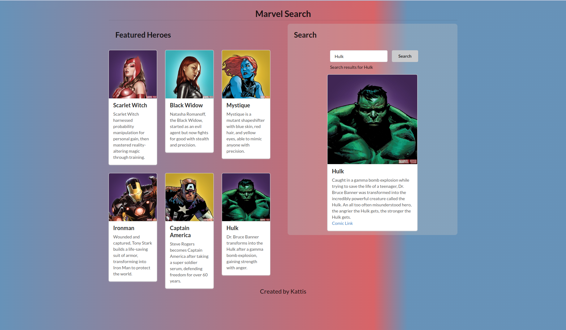 Screenshot of marvel search page